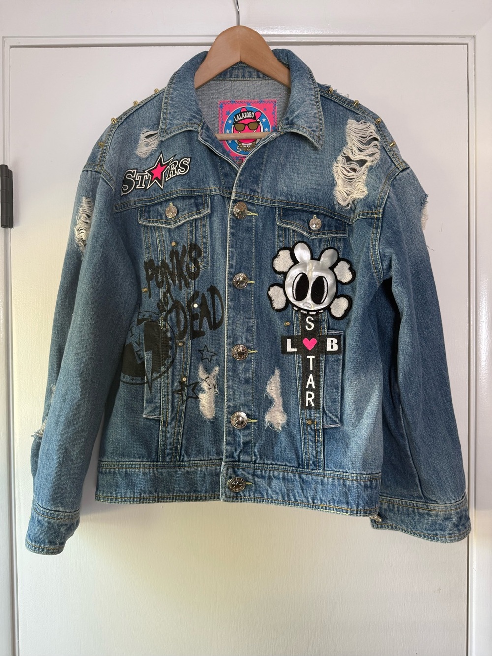 Lalabobo Star Distressed Denim Jacket Graffiti Patches Colorful Streetwear Y2K